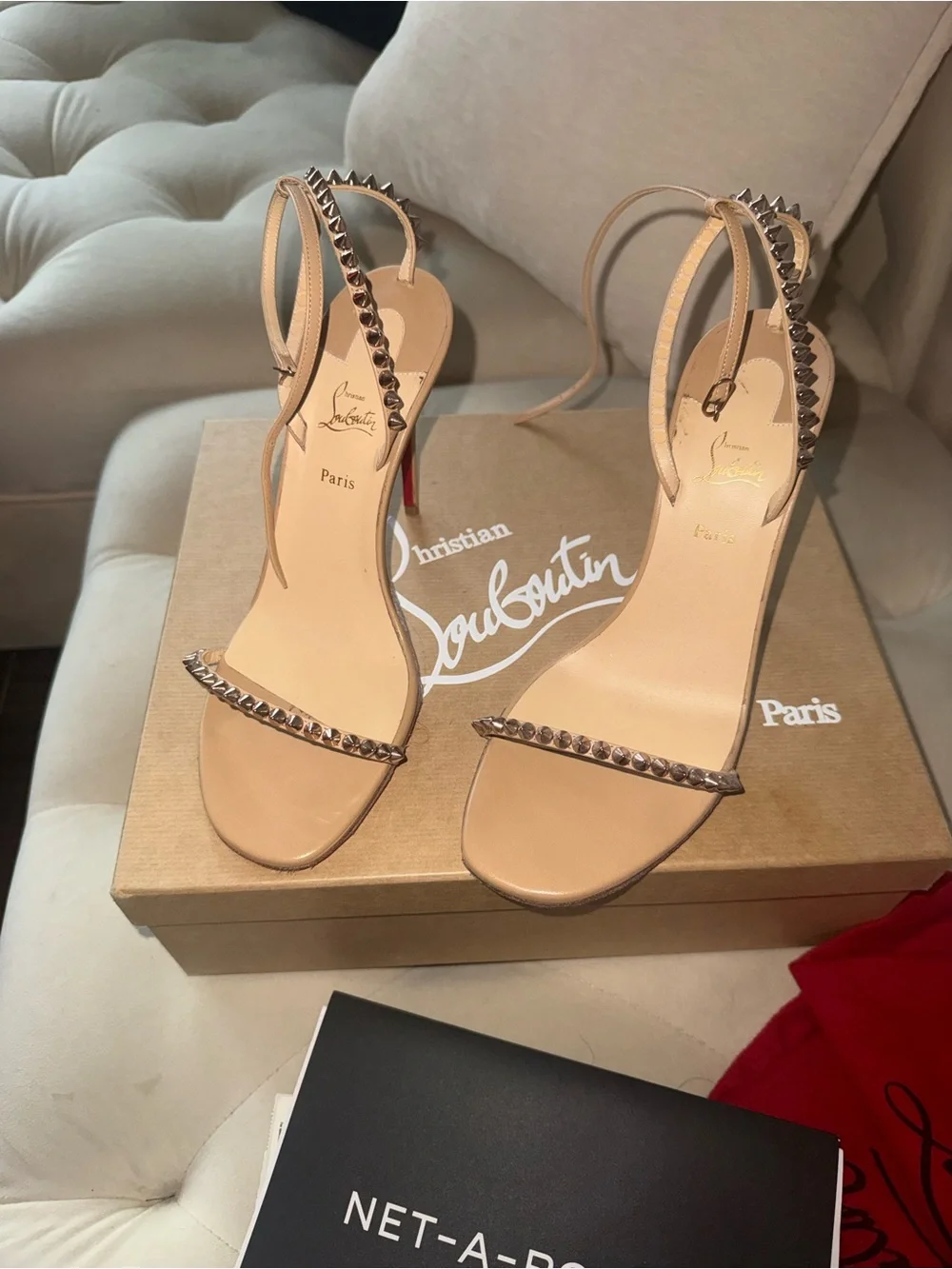 Christian Louboutin Beige/Nude Spike-Stud Ankle-Strap Stiletto Sandals